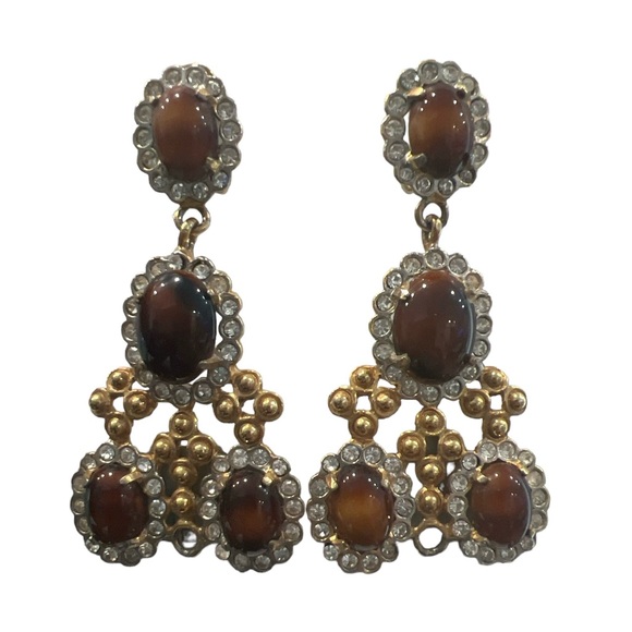 Vtg KJL Chandelier Earrings Clip on Brown Cabochon Rhinestone Dangle 60's - Picture 10 of 11